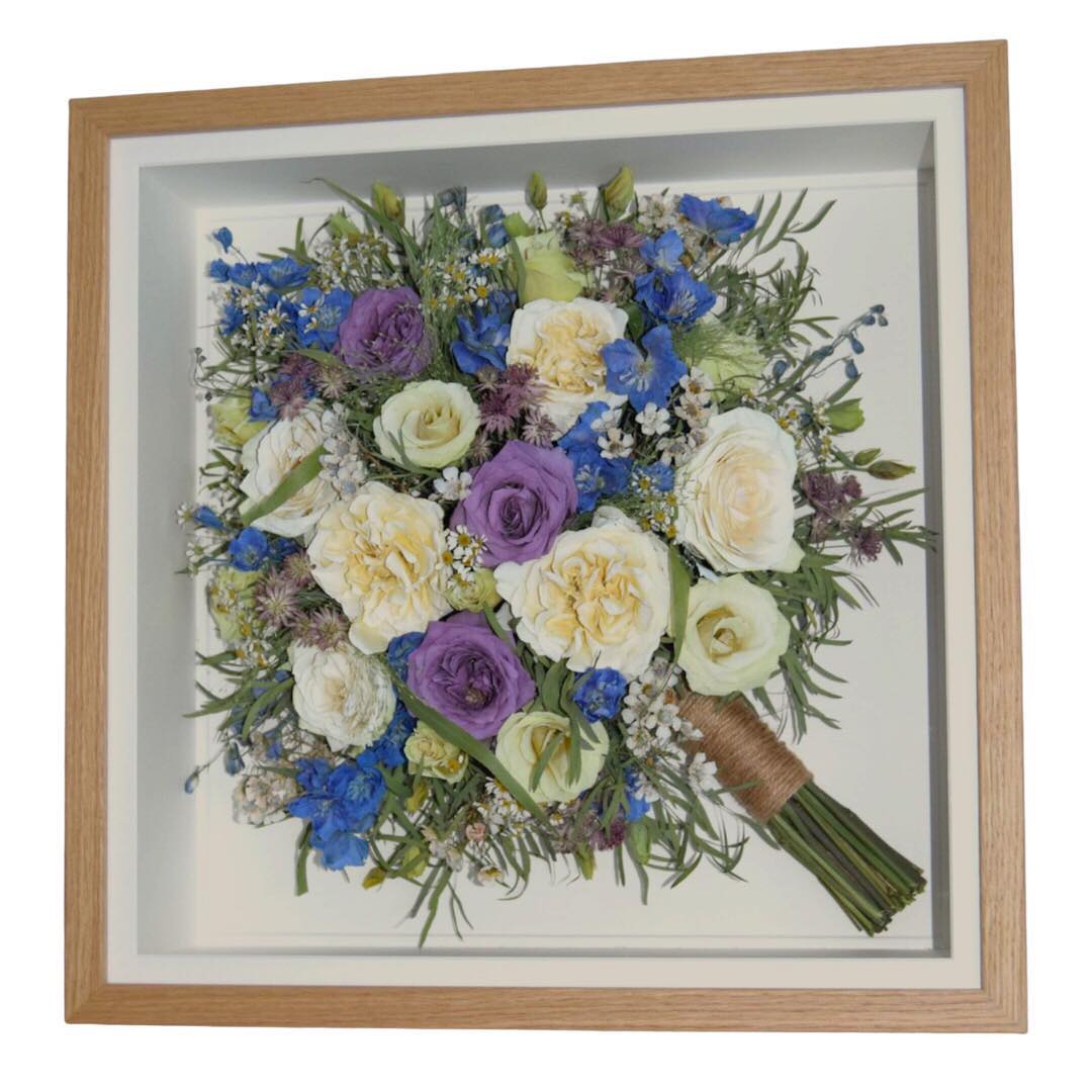 Mixed preserved flower bridal bouquet in oak frame 