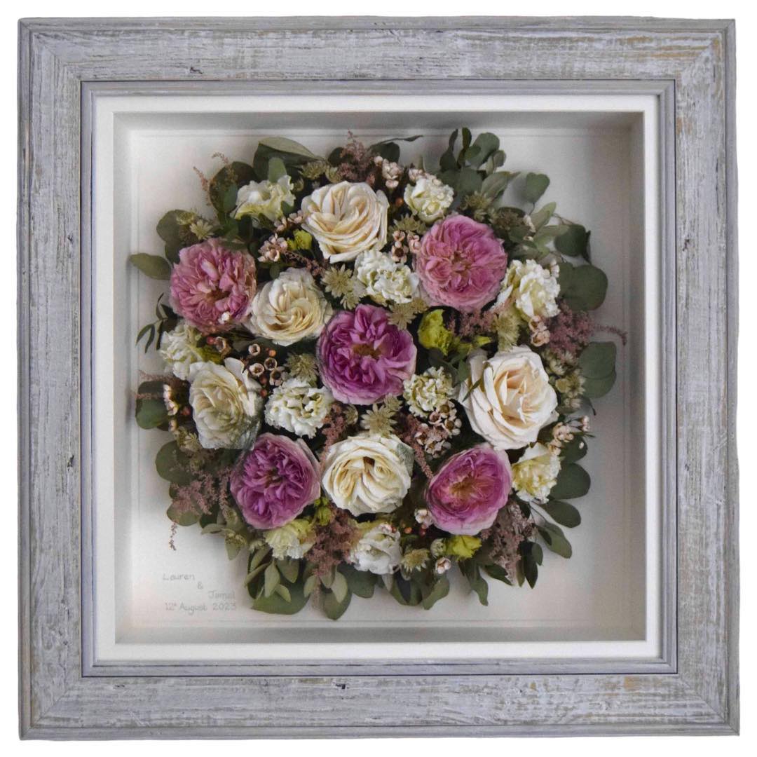 Large round Rose preserved bridal bouquet in a driftwood style frame