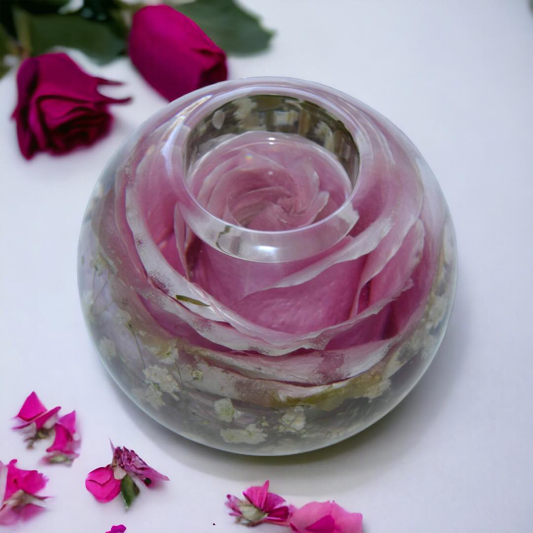 Pink preserved rose in resin tealight holder