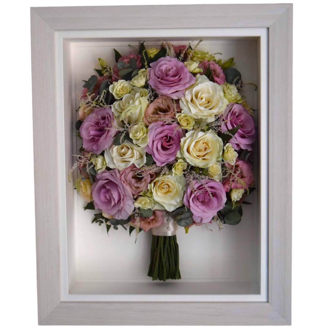 Pink and white handtied bridal bouquet preserved and framed