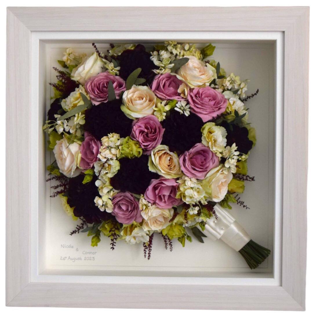 Diagonally displayed preserved bridal bouquet