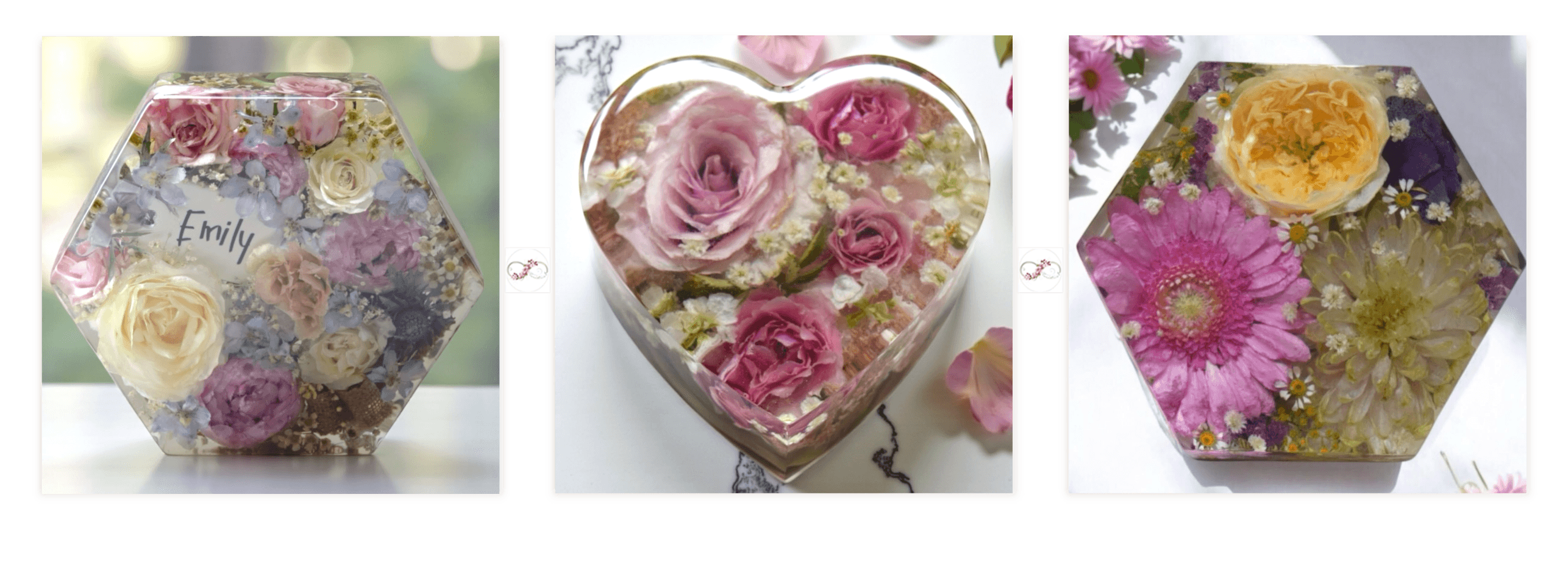 12cm resin heart with preserved pink rose, aster and chrysanthemum