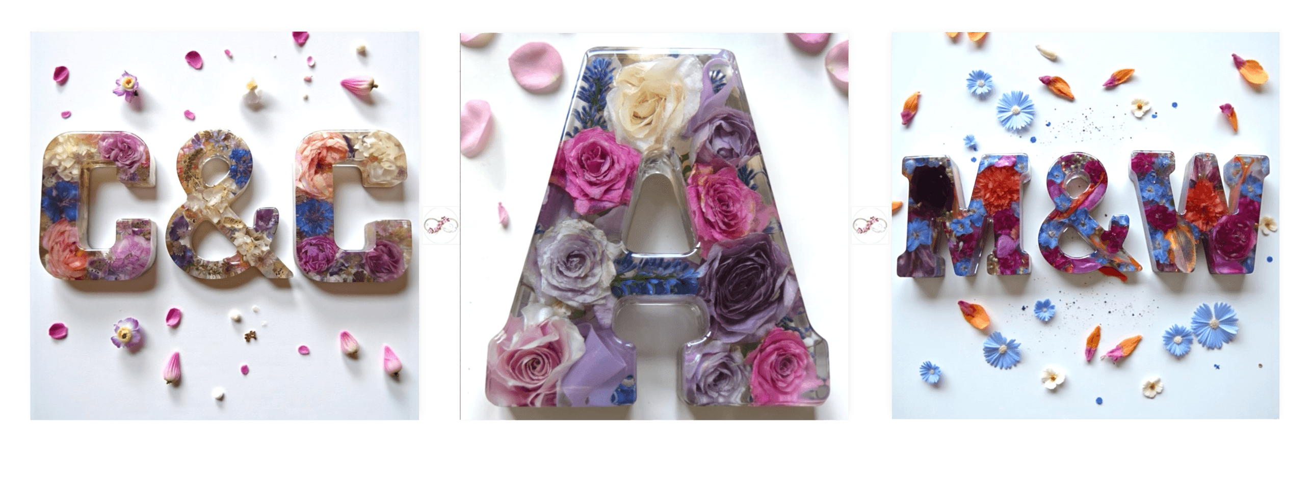 11.5cm preserved flower resin initials, heart and ampersand with blue delphinium and hydrangea