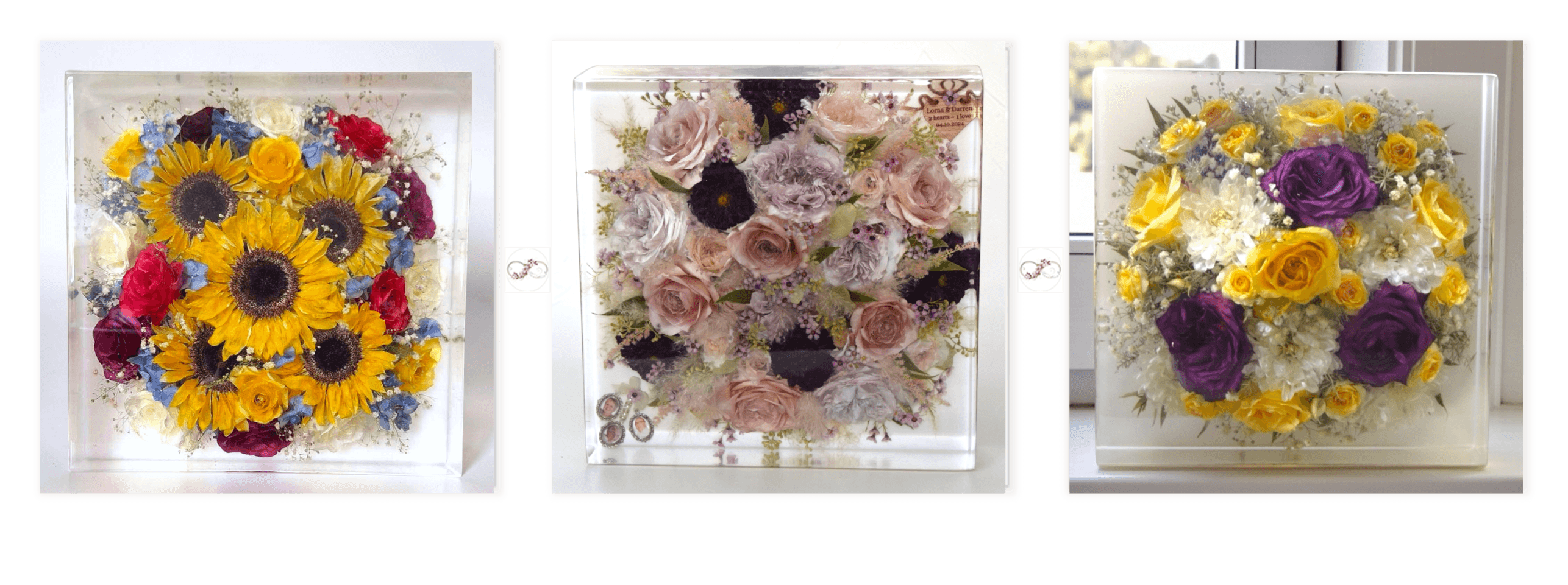 Pressed flowers set in a resin pendant, bracelet and earring set