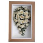 White Rose shower bridal bouquet preserved and displayed in an oak frame